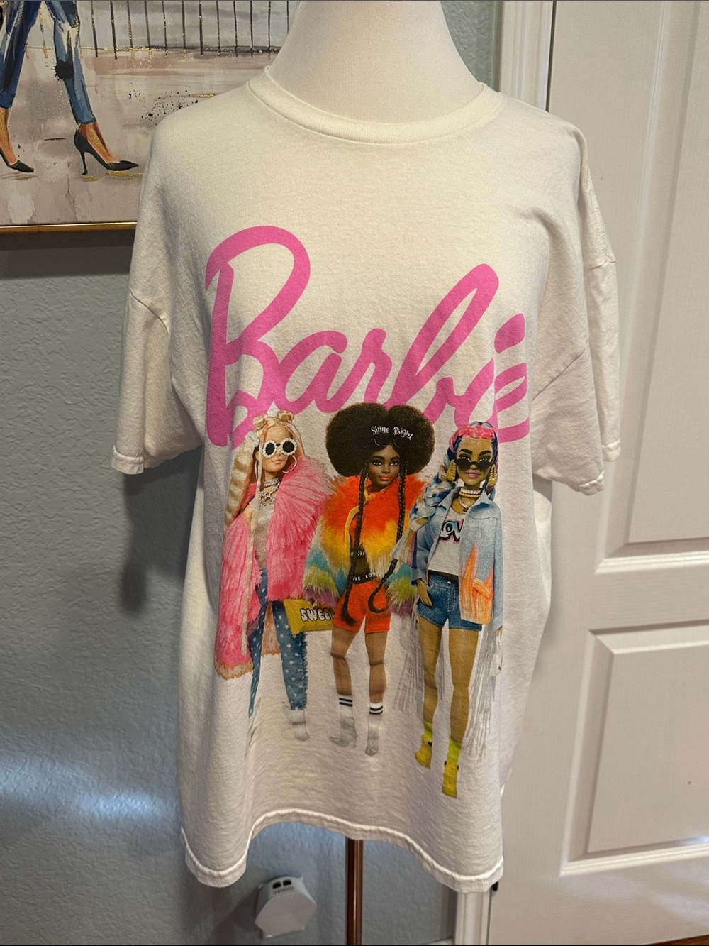 Barbie Sz 1X Tee with Pink Script and Colorful Graphic with 3 Barbie Dolls